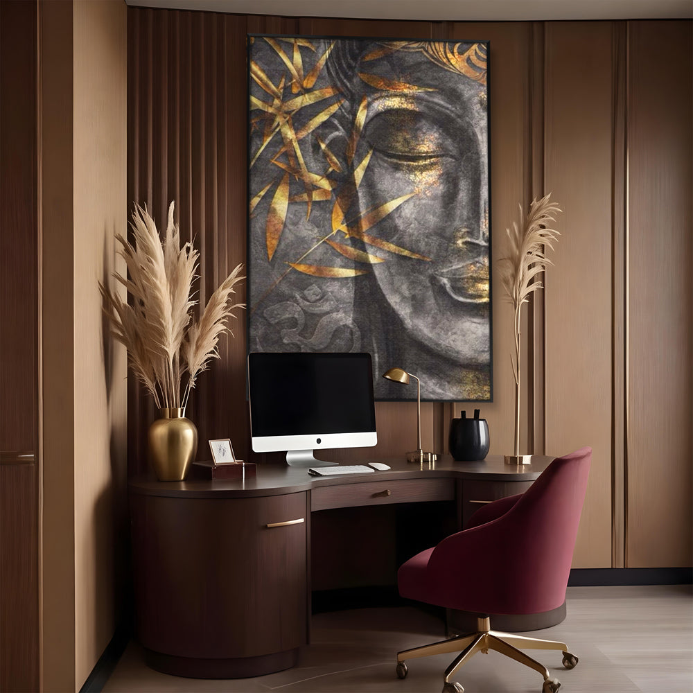 Tablou canvas cu tablou canvas cu chip de budha, in rama de aluminiu negru, pe perete intr-un birou